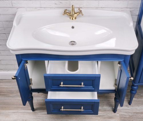 Мебель для ванной ValenHouse Эстетика 100, синяя, подвесная, ручки бронза фото 4