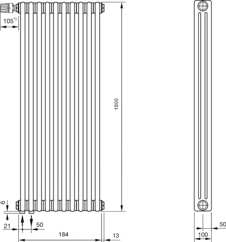 Радиатор стальной Zehnder Charleston Completto C3180/04 3-трубчатый, подключение V001, белый фото 2