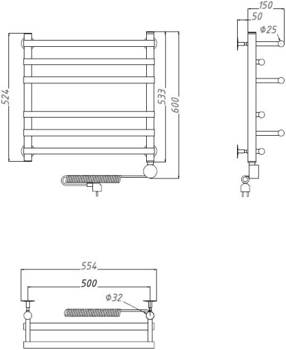 Полотенцесушитель электрический Тругор Гамбит эл ТЭН 2 ЛЦ24 60x50 фото 3