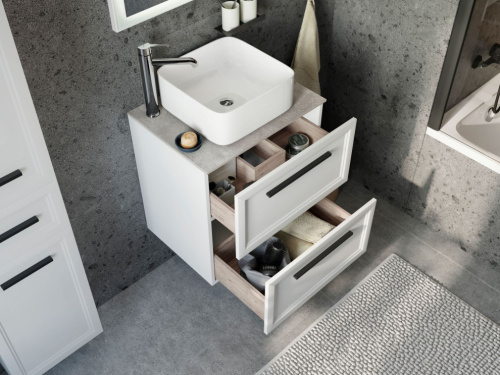 Мебель для ванной STWORKI Эстерсунд 60 белая матовая, простоун беж с отверстием под смеситель в столешнице фото 4