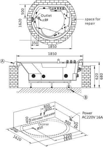 Акриловая ванна Gemy G9053 K 185x160 фото 5