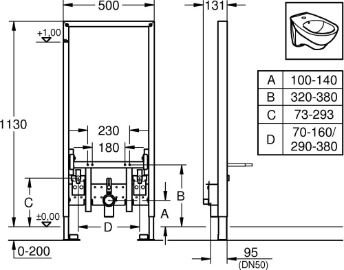 Комплект Биде подвесное Jacob Delafon Odeon Up E4765 + Система инсталляции для биде Grohe Rapid SL 38553001 + Смеситель Hansgrohe Focus E2 31920000 д фото 8