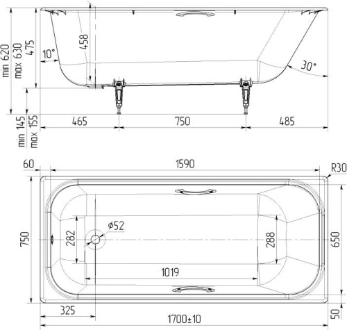 Чугунная ванна Maroni Aura lux 170x75, с ручками фото 3 Чугунная ванна Maroni Aura lux 170x75, с ручками фото 3