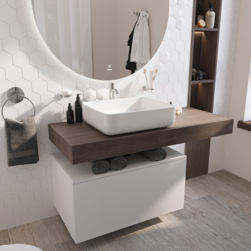 Мебель для ванной STWORKI Ольборг 120 столешница дуб карпентер, без отверстий, с тумбой 80, с раковиной STWORKI Soul 1 белой фото 4