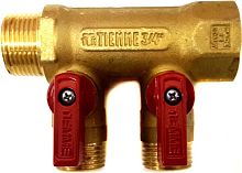 Коллектор Tiemme 1/2" х 3/4", латунный, 2 выхода, ручки красные