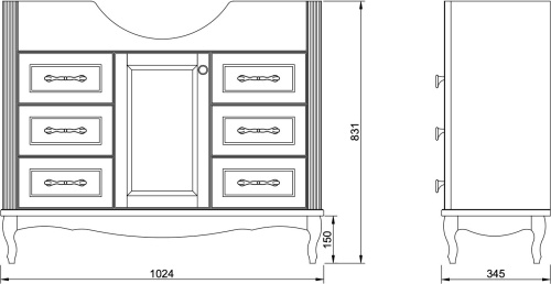 Мебель для ванной ValenHouse Эллина 105 белая, 6 ящиков, 1 дверца, ручки бронза фото 9