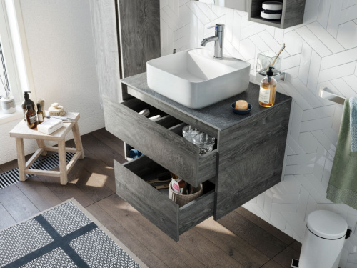 Комплект Мебель для ванной STWORKI Карлстад 75 дуб рошелье со смесителем фото 4