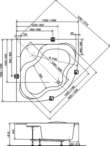 Акриловая ванна Ravak Gentiana 140x140, с ножками фото 8
