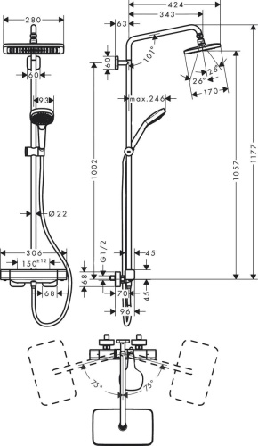 Душевая стойка Hansgrohe Croma 27630000 для душа, с термостатом фото 6