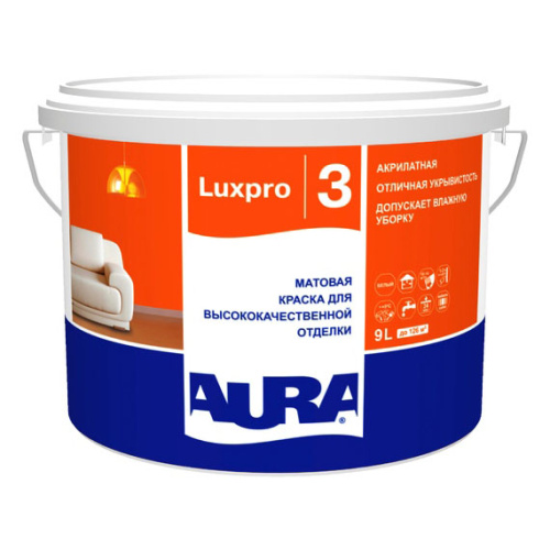 Краска "ЛюксПро 3" (Aura LuxPRO 3) латексная матовая интерьерная "Аура/Aura" 9 л белая - Купить в Москве по цене 4 099 руб. в интернет-магазине Kraski-Market Краска "ЛюксПро 3" (Aura LuxPRO 3) латексная матовая интерьерная "Аура/Aura" 9 л белая