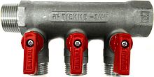 Коллектор Tiemme 1/2" х 3/4", никелированный, 3 выхода ручки красные