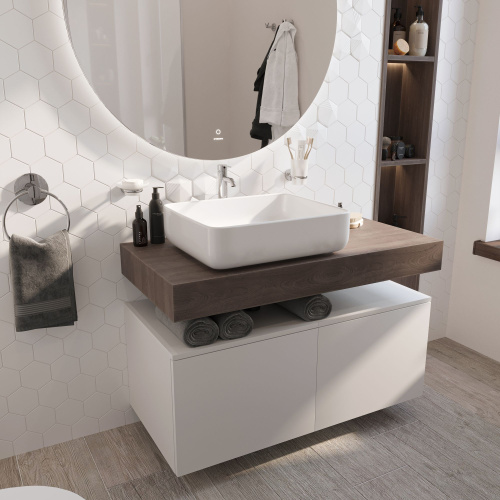 Мебель для ванной STWORKI Ольборг 100 столешница дуб карпентер, без отверстий, 2 тумбы 50, с раковиной STWORKI Soul 1 белой фото 4