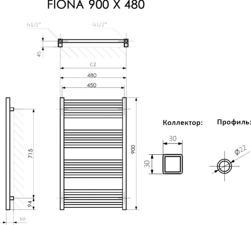 31 666 руб. Полотенцесушитель электрический Terma Fiona 48x90, черный матовый фото 3 Полотенцесушитель электрический Terma Fiona 48x90, черный матовый фото 3