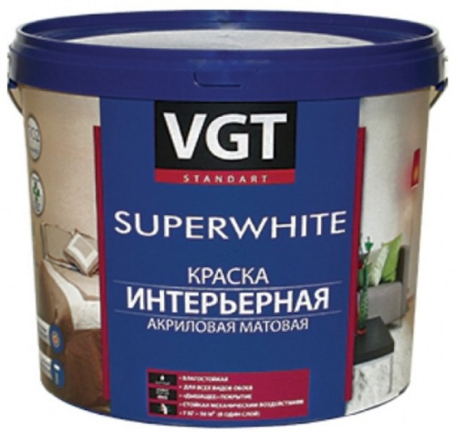 Краска VGT SUPERWHITE ВД-АК-2180 ИНТЕРЬЕРНАЯ для стен и потолков, влагостойкая, матовая