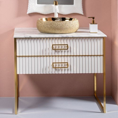 Мебель для ванной Armadi Art Monaco 100 столешницей из мрамора белая, золото фото 3