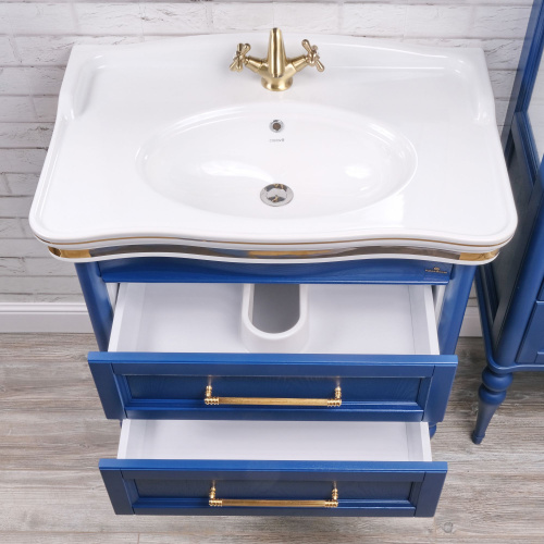 Мебель для ванной ValenHouse Эстетика 80, синяя, подвесная, ручки золото фото 4