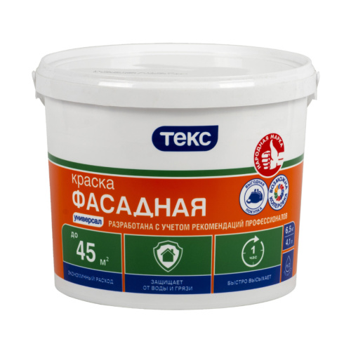 Краска фасадная Текс Универсал, глубокоматовая, база A, белая, 6,5 кг