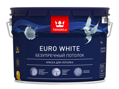 Краска Tikkurila Euro White акриловая, для потолка, Глубокоматовая