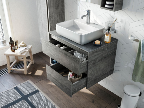 Комплект Мебель для ванной STWORKI Карлстад 75 дуб рошелье со смесителем фото 3