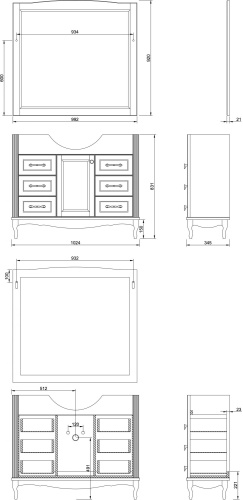 Мебель для ванной ValenHouse Эллина 105 белая, 6 ящиков, 1 дверца, ручки бронза фото 8