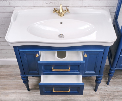 Мебель для ванной ValenHouse Эстетика 100, синяя, подвесная, ручки золото фото 4